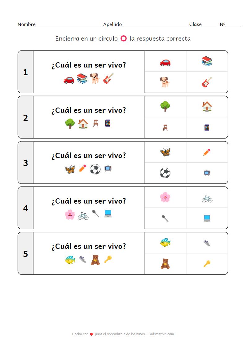 Hoja de trabajo Seres Vivos y No Vivos | Ciencia para Preescolar