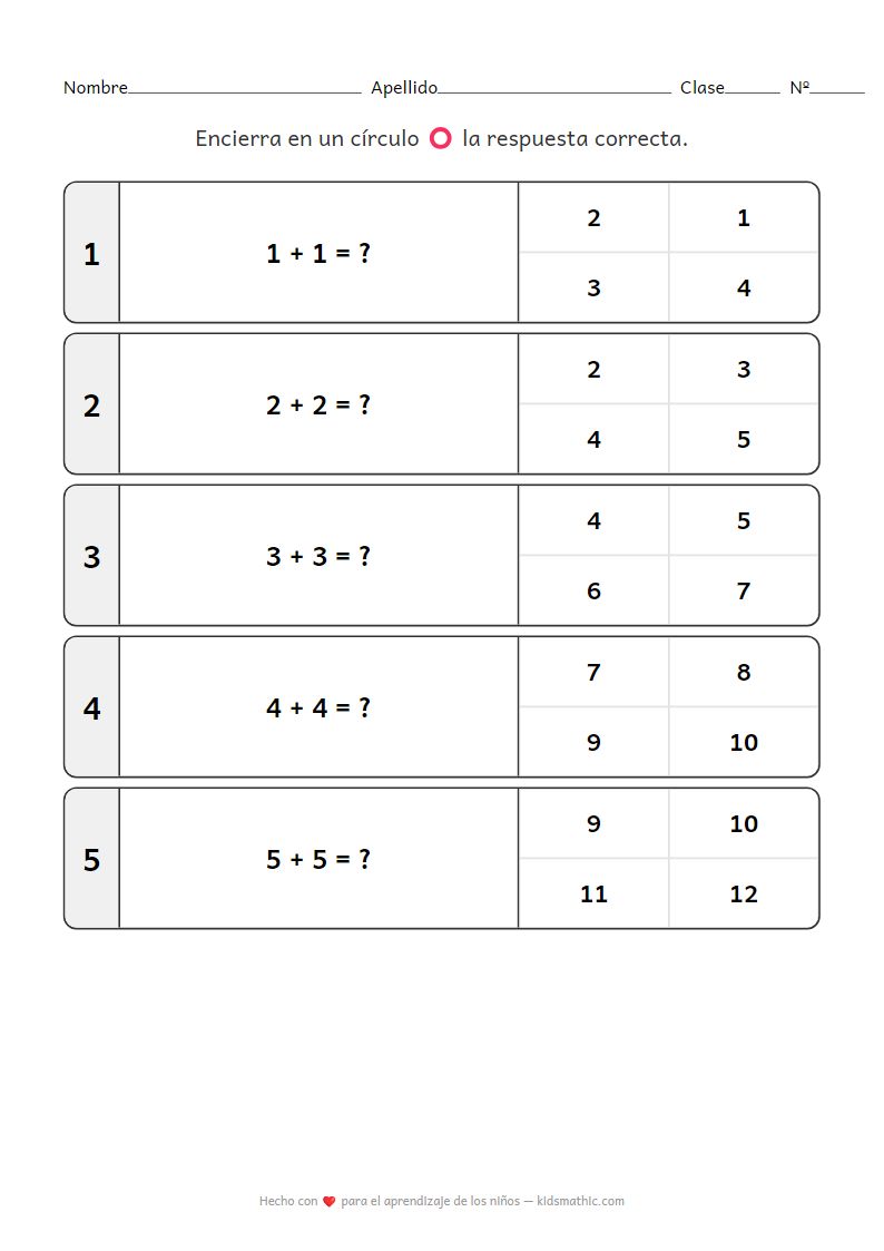 Hoja de Trabajo de Suma de Dobles para Preescolar