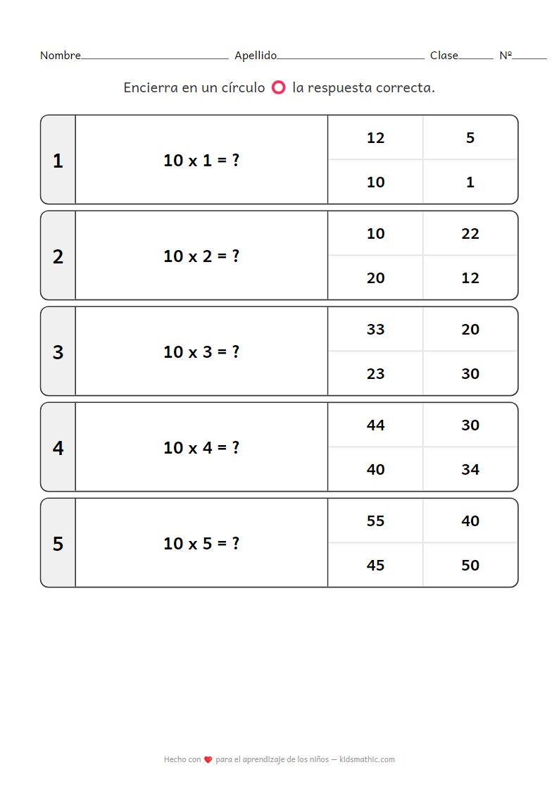 Hoja de Trabajo de Multiplicación por 10 para Preescolar