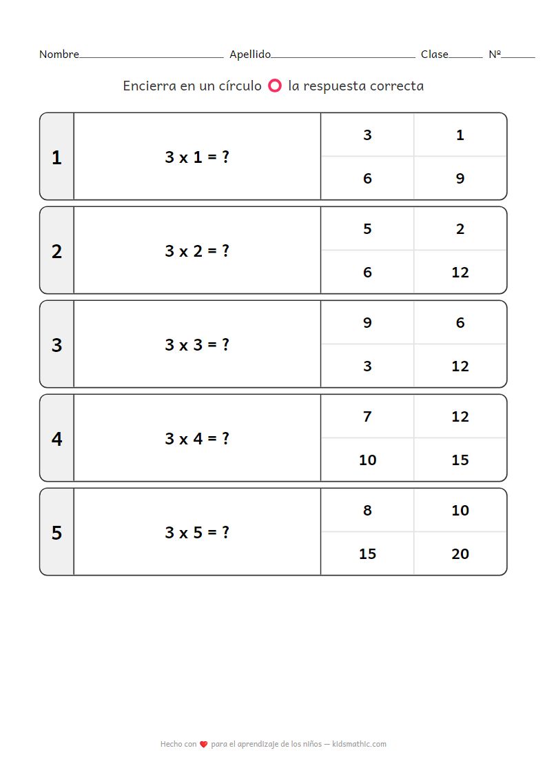 Hoja de trabajo de la tabla de multiplicar del 3: Multiplicación básica para jardín de infancia