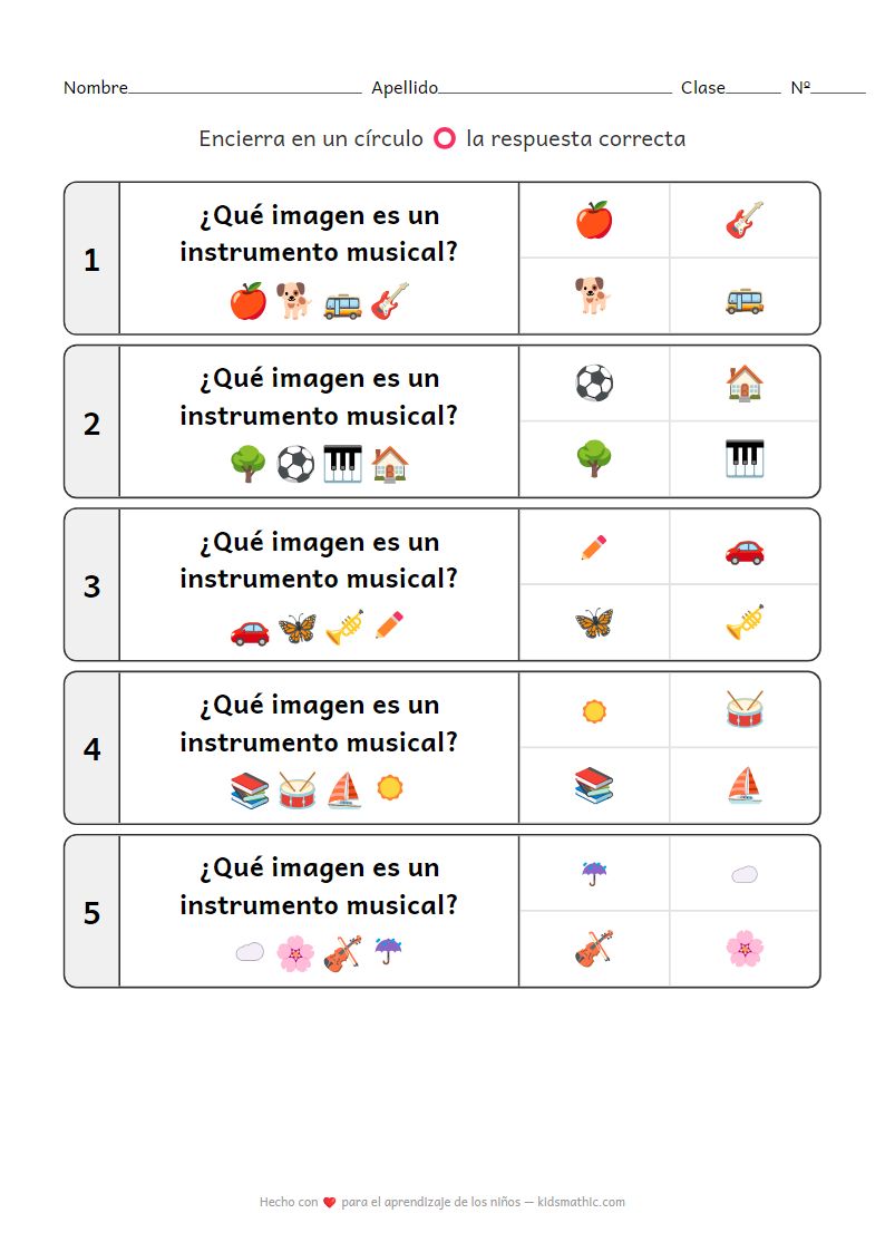 Hoja de trabajo de emparejamiento de instrumentos musicales para jardín de infancia