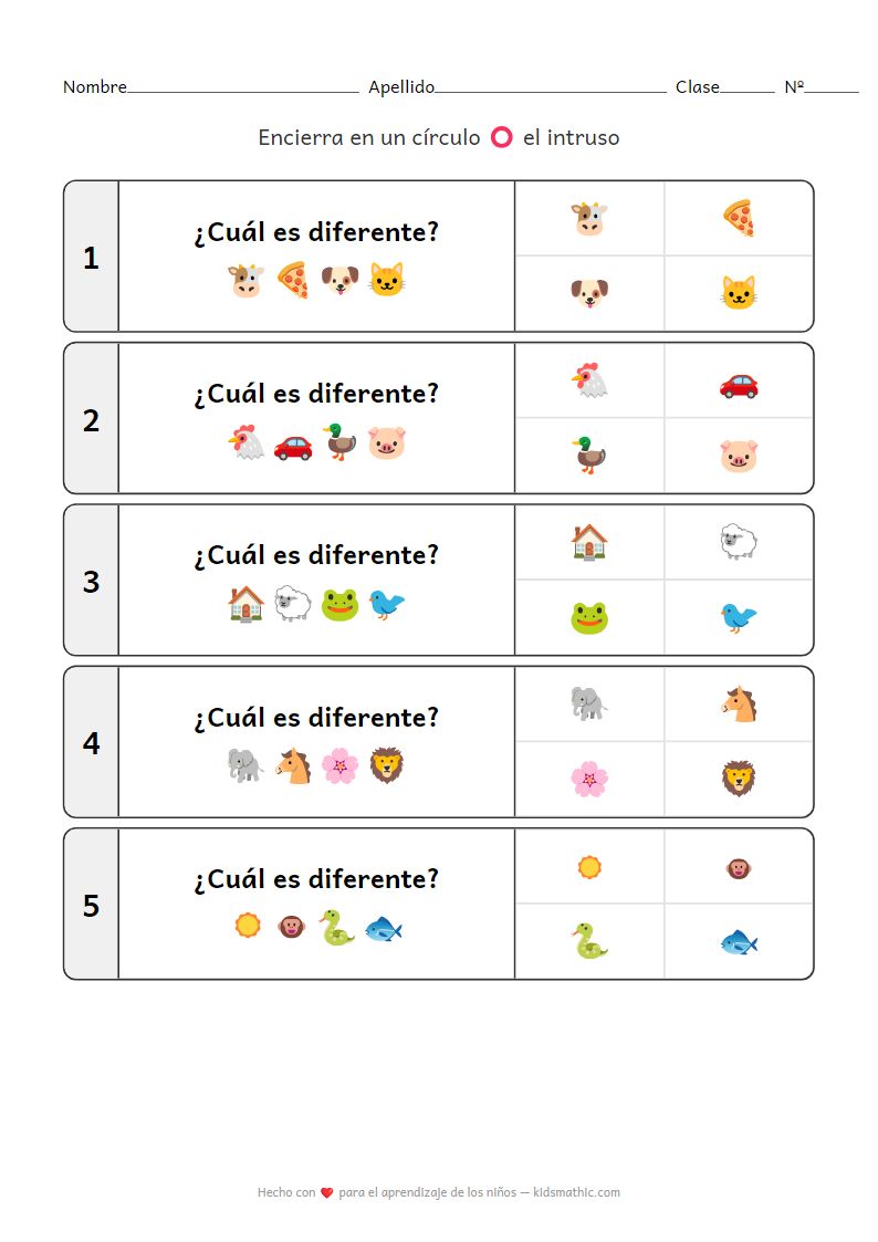 Hoja de trabajo El Intruso: Animales y Objetos para Preescolares