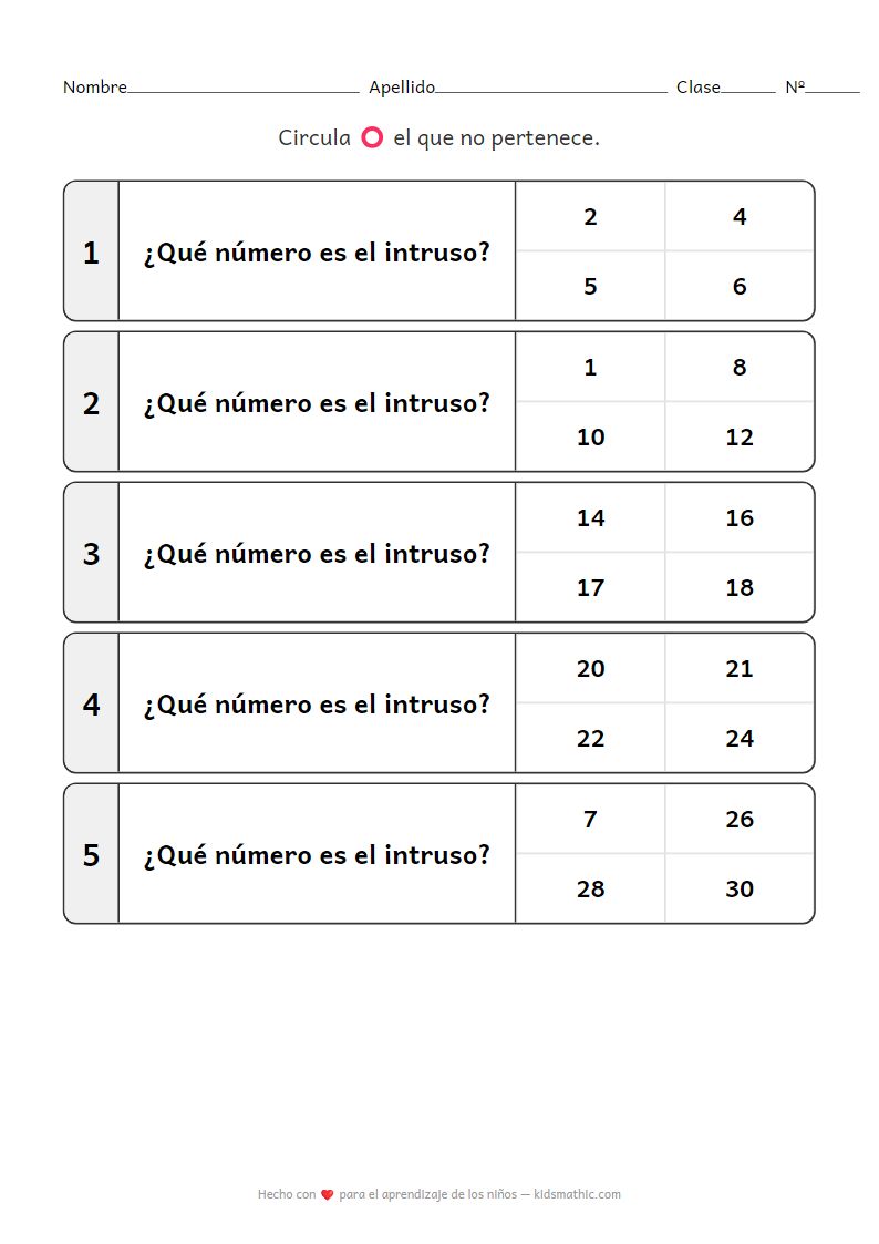 Hoja de trabajo 'El intruso' números pares e impares para preescolares