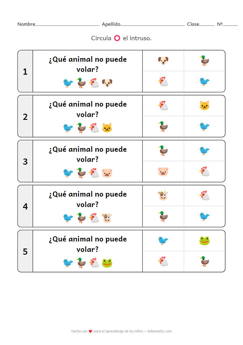 Hoja de trabajo de 'El intruso': Animales voladores vs. no voladores para preescolares