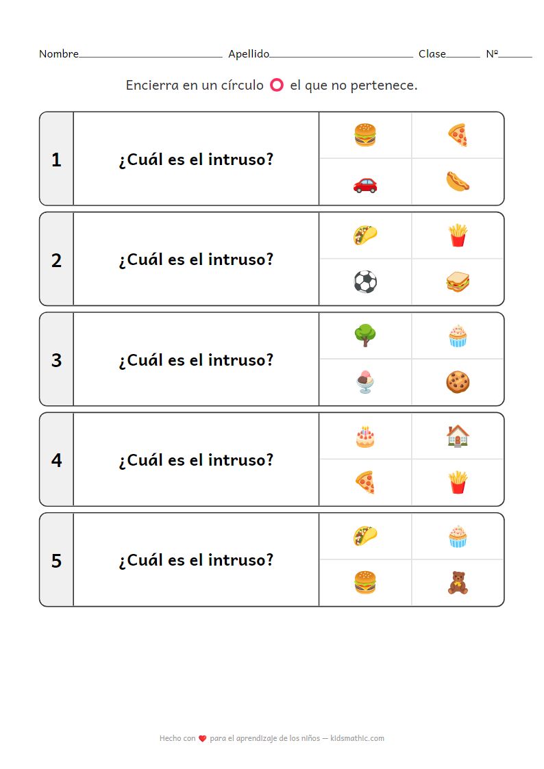 Hoja de trabajo 'El intruso': Comida para preescolares