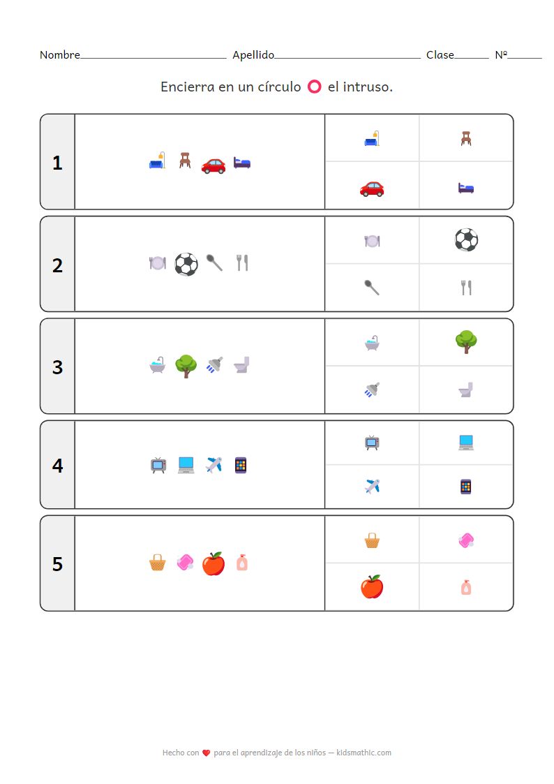 Hoja de trabajo para niños de preescolar: Encuentra el intruso de objetos del hogar