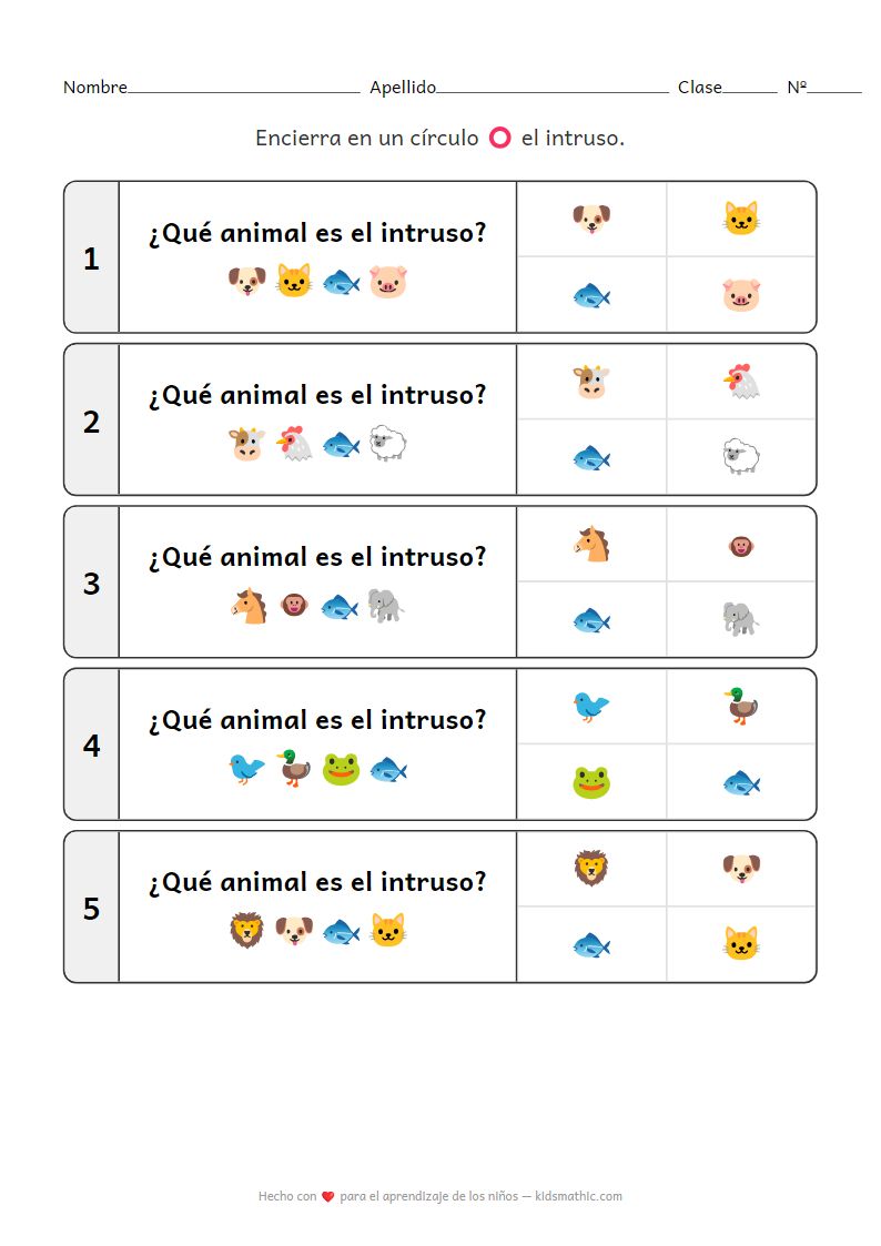 Hoja de trabajo 'El Intruso': Animales Terrestres y Acuáticos para Preescolares
