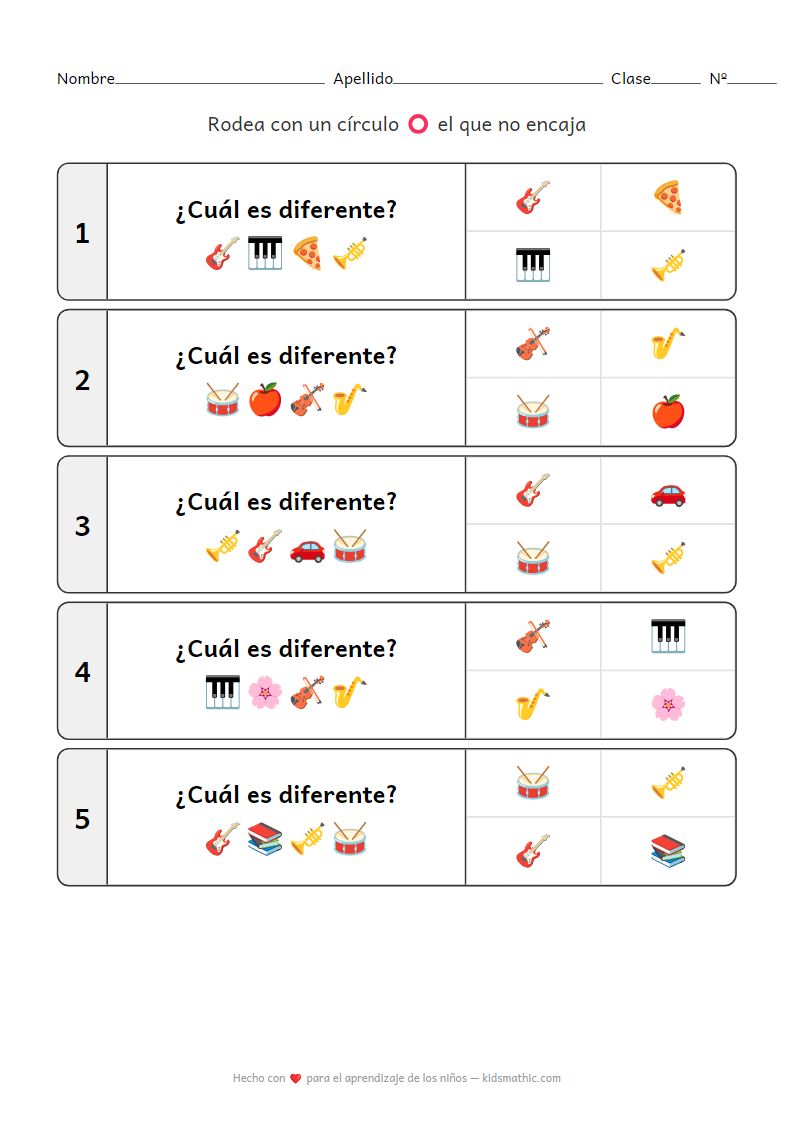 Ficha de Encontrar el Diferente de Instrumentos Musicales para Preescolares