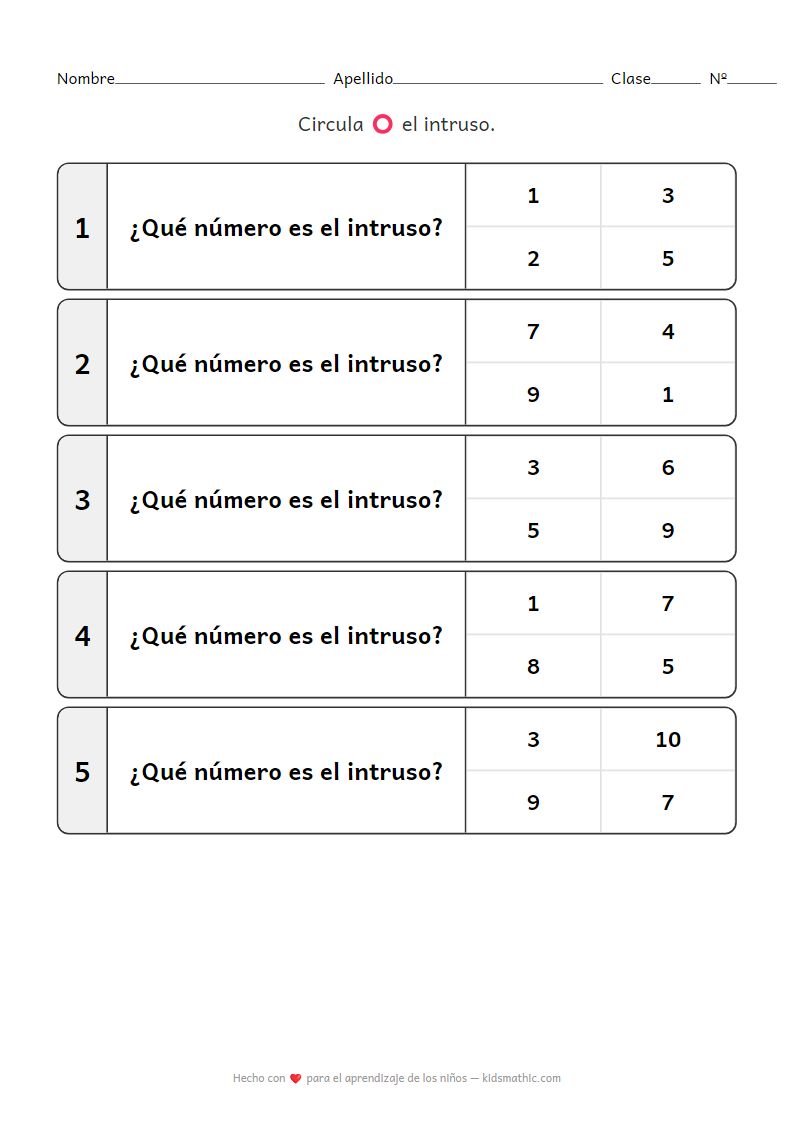Hoja de trabajo El intruso: Números impares y pares para preescolares
