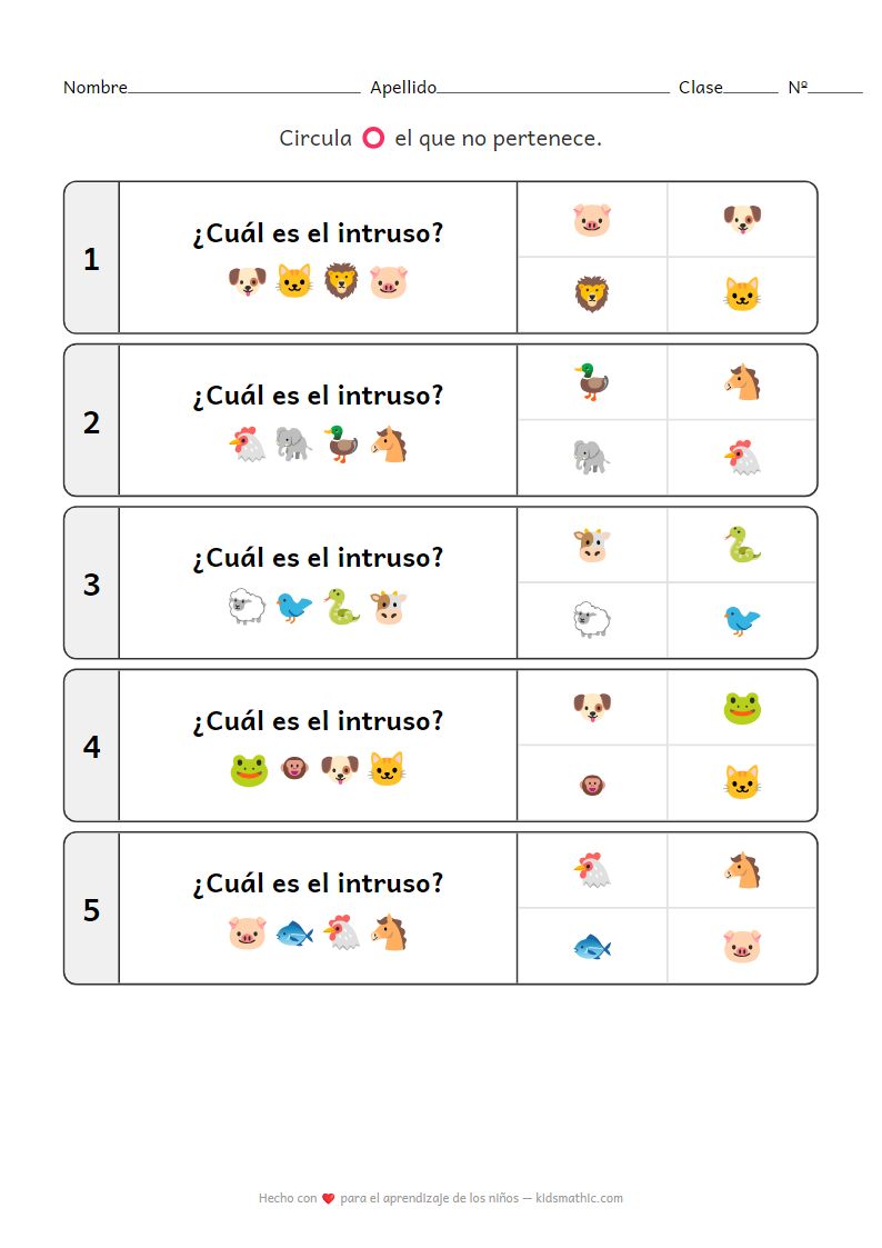 Hoja de trabajo El Intruso: Animales Domésticos y Salvajes para Preescolares