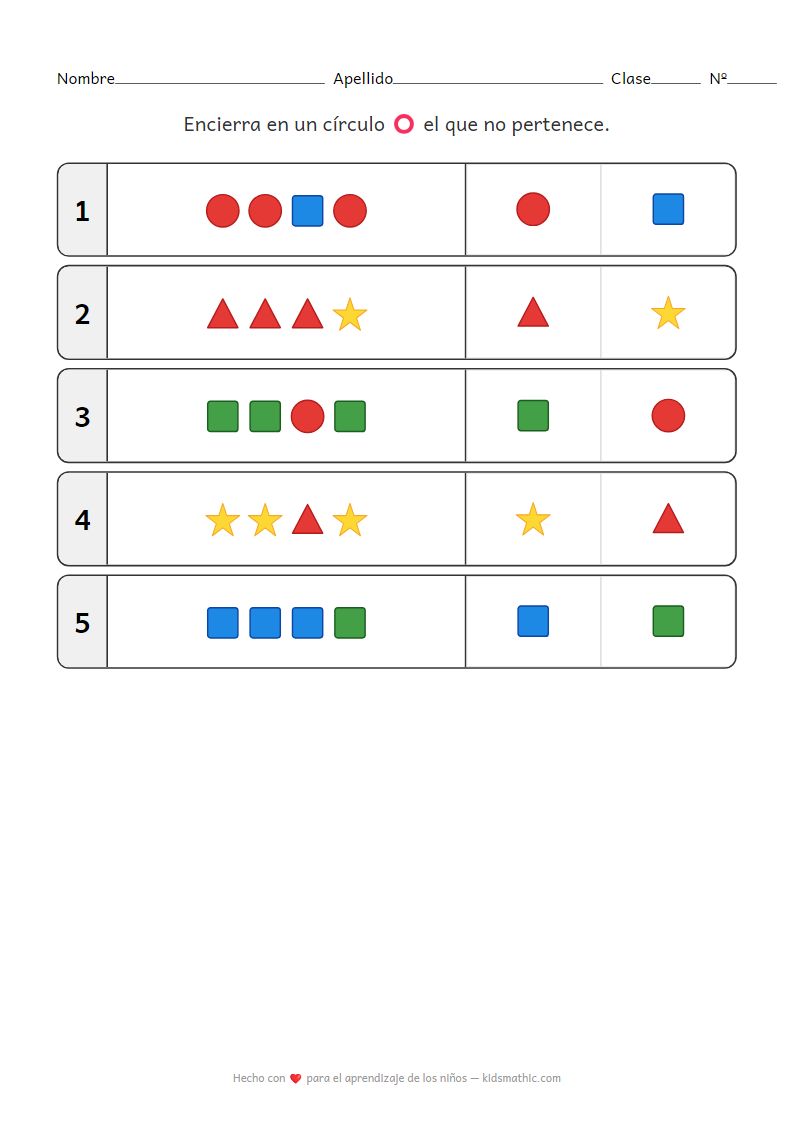 Hoja de trabajo: Figuras Diferentes para Preescolares