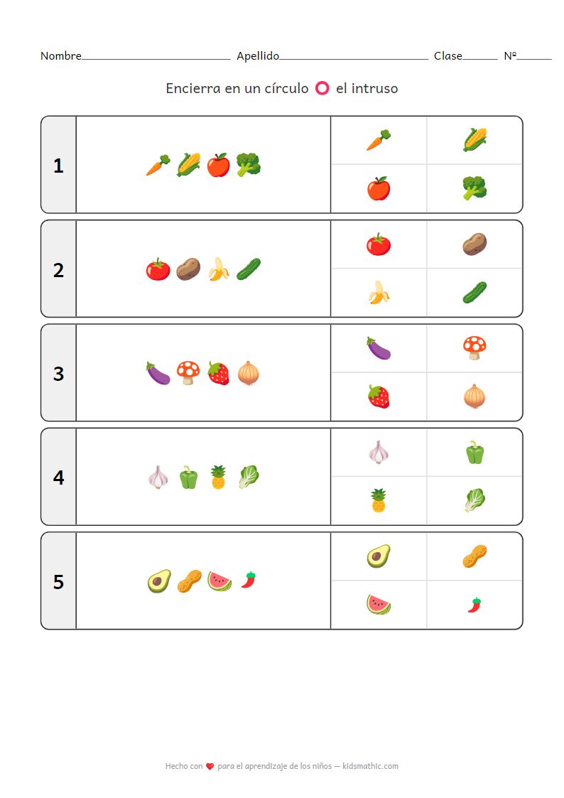 Ficha de trabajo 'El intruso': Verduras y Frutas para Preescolar
