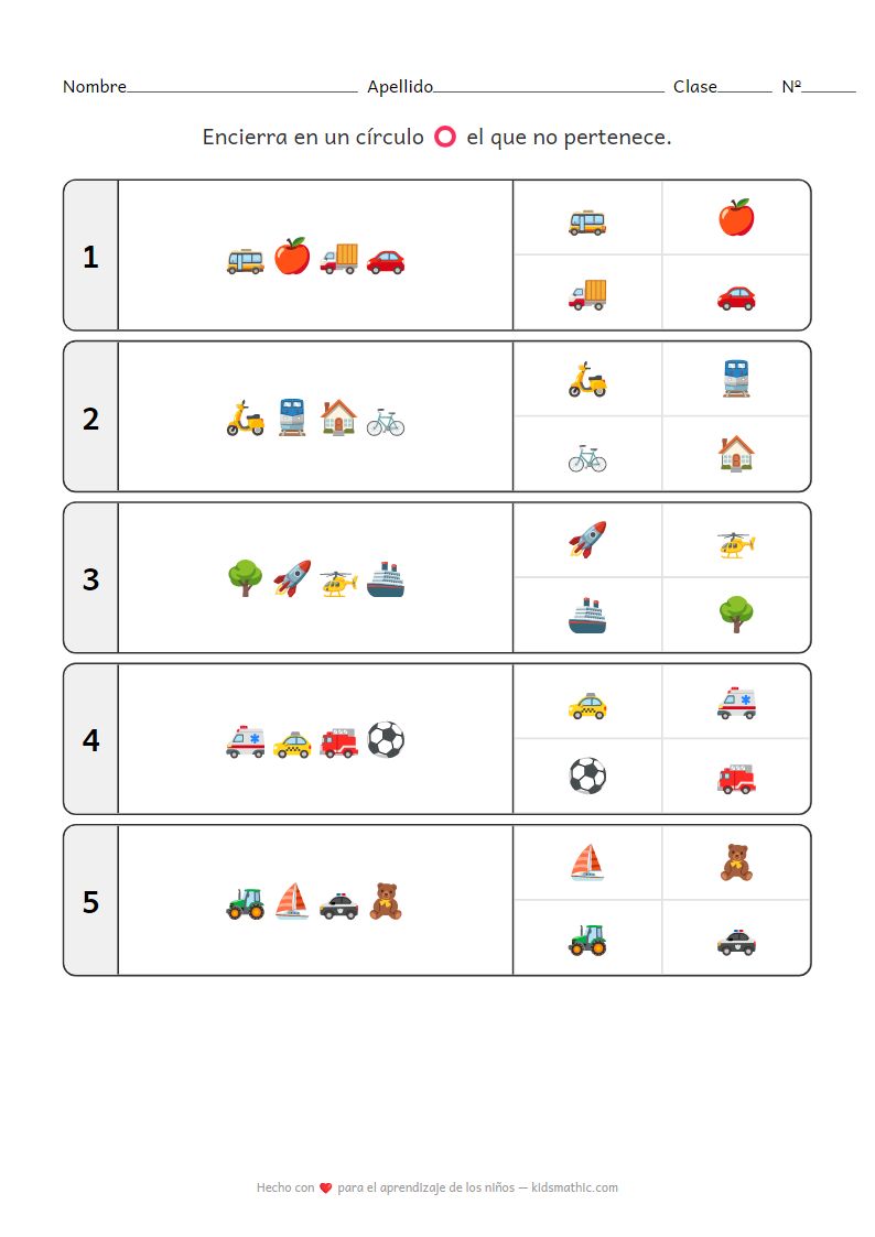 Hoja de trabajo de 'El intruso': Vehículos para preescolares