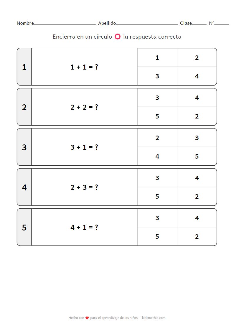 Hoja de trabajo de suma simple (resultados hasta 5) para preescolares