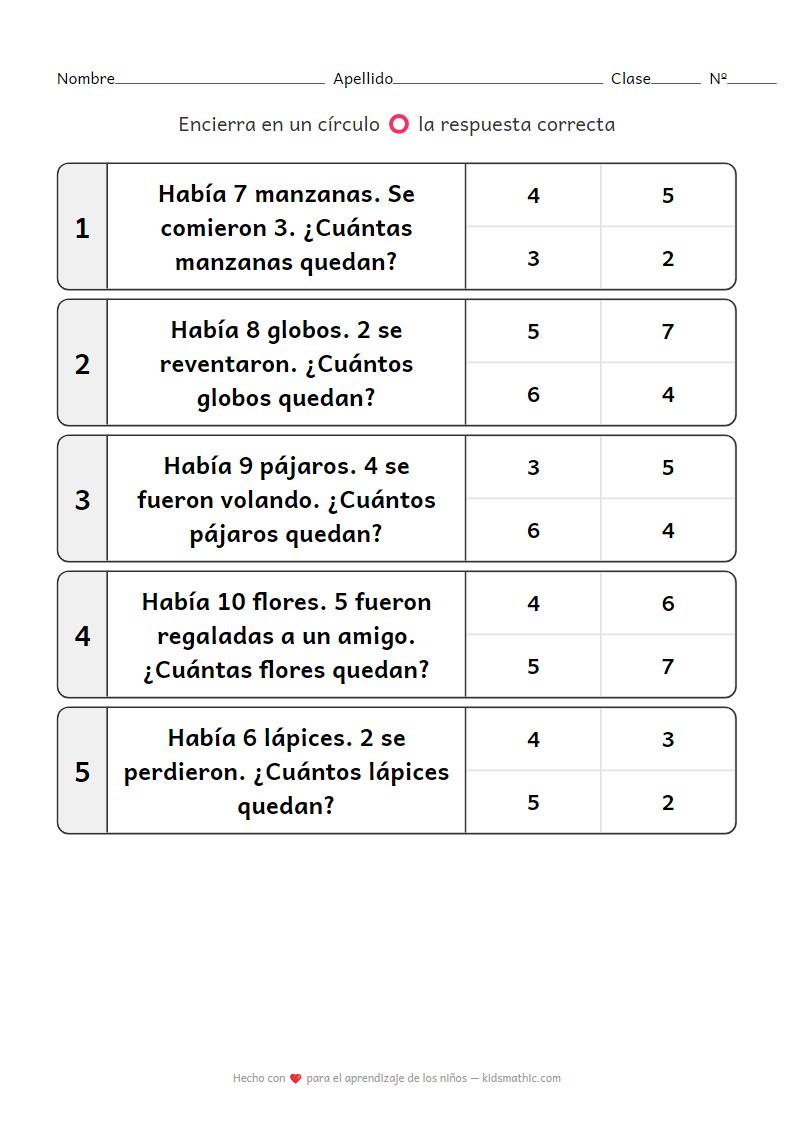 Hoja de trabajo de resta simple para preescolares
