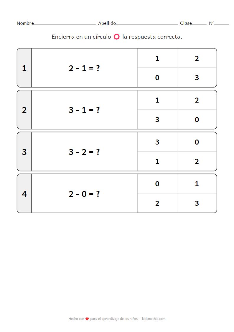 Hoja de trabajo de resta básica para preescolares: Contar y restar