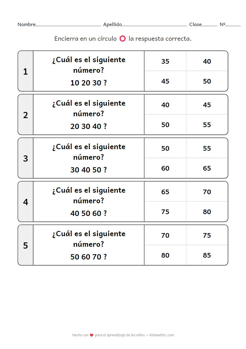 Hoja de trabajo de conteo salteado de 10 en 10 para kínder K3