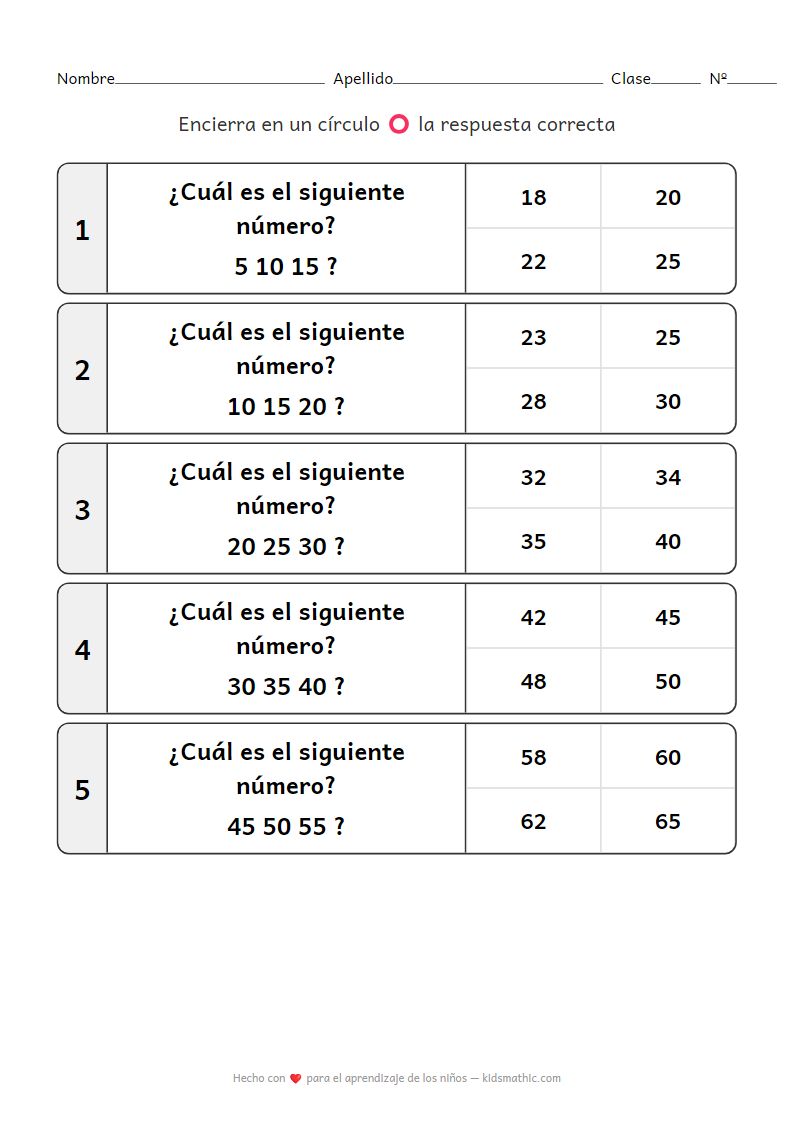 Hoja de Trabajo de Conteo Salteado de 5 en 5 para Preescolares