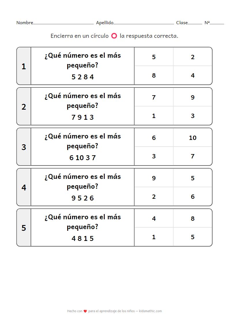 Hoja de trabajo de identificación del número más pequeño para jardín de infantes