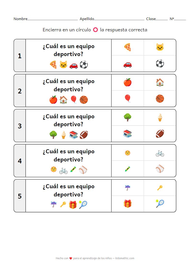 Ficha de clasificación de equipos deportivos para preescolares