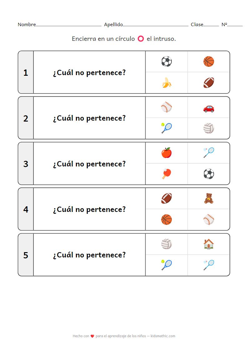 Hoja de trabajo 'El intruso': Equipo deportivo para preescolares