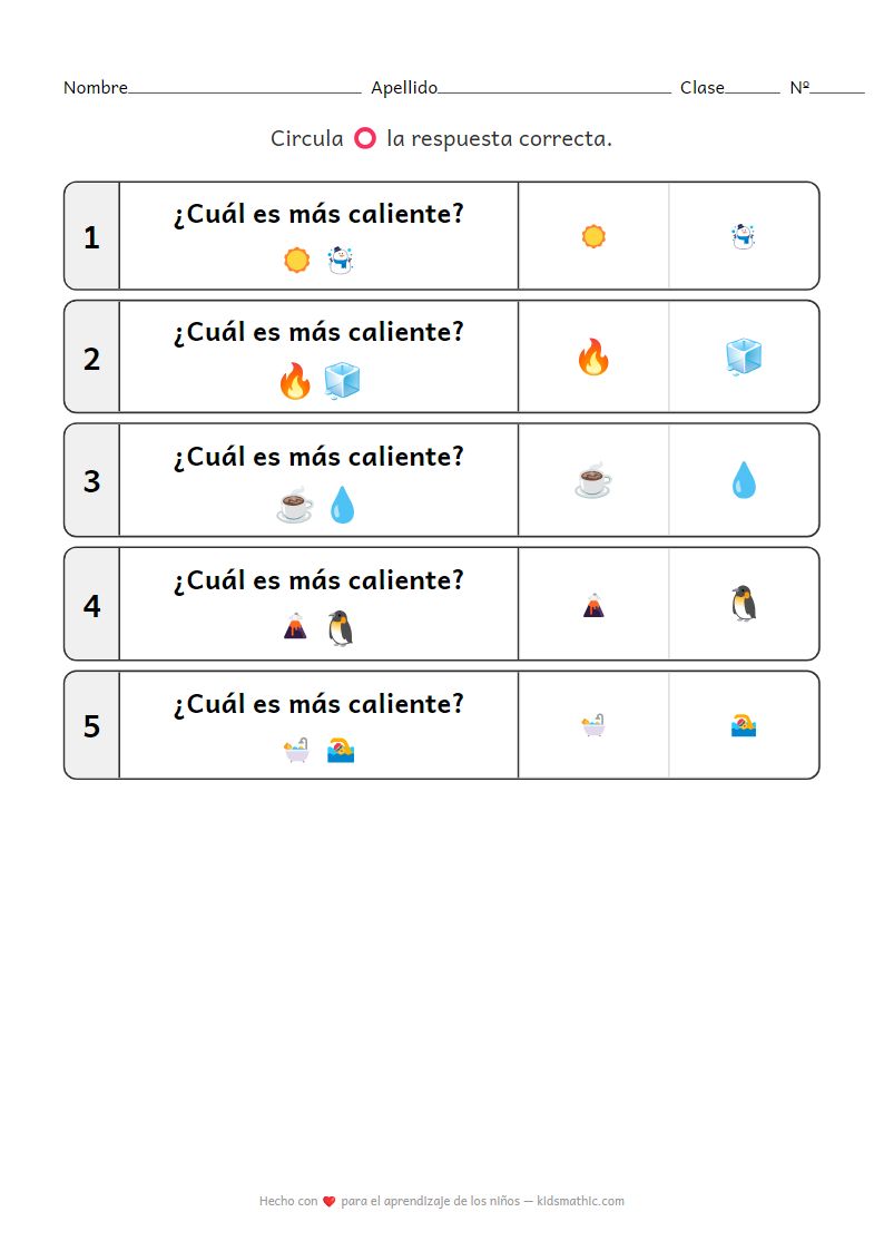 Hoja de Trabajo de Comparación de Temperatura Caliente-Frío para Preescolar
