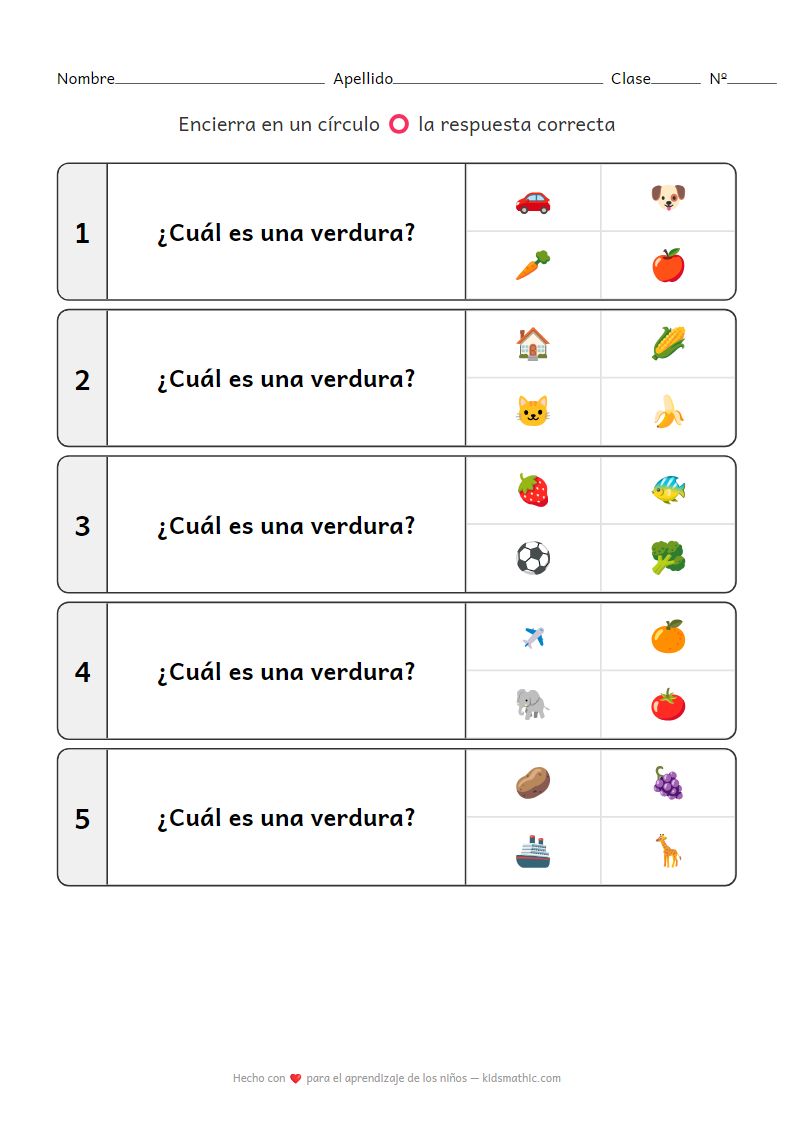 Hoja de trabajo de identificación de verduras para preescolares (3-4 años)