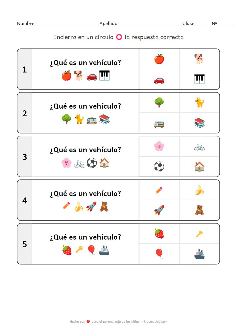Hoja de trabajo de clasificación de vehículos para preescolares