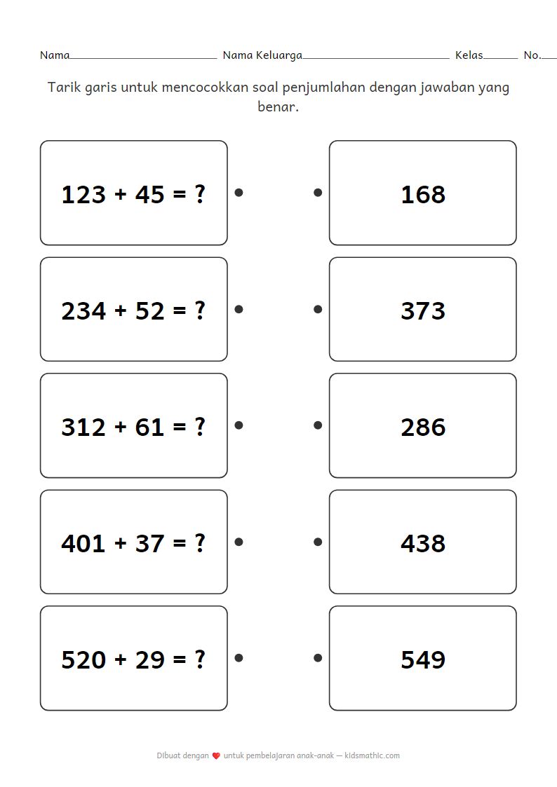 Lembar Kerja Mencocokkan: Penjumlahan 3 dan 2 Angka untuk TK