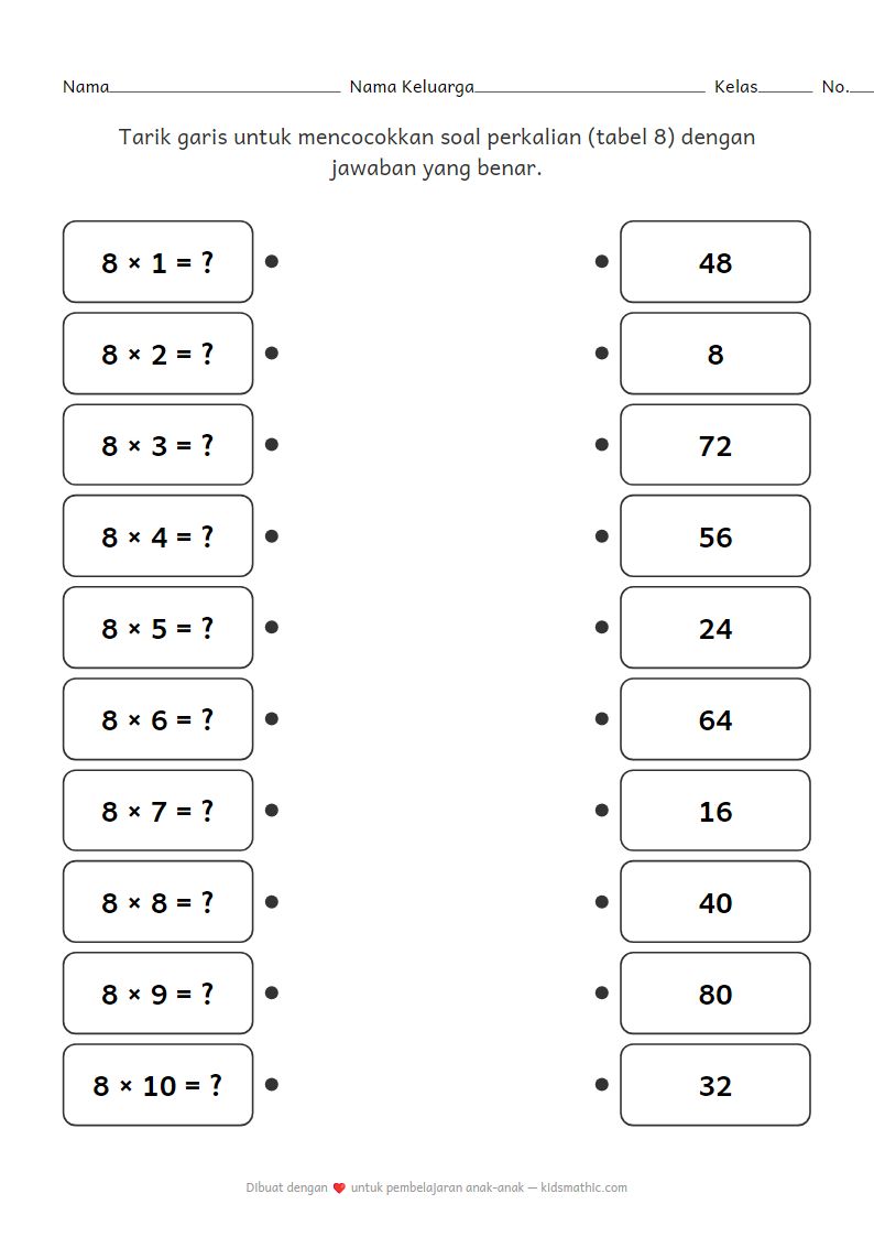 Lembar Kerja Mencocokkan Perkalian Angka 8 untuk Anak Prasekolah
