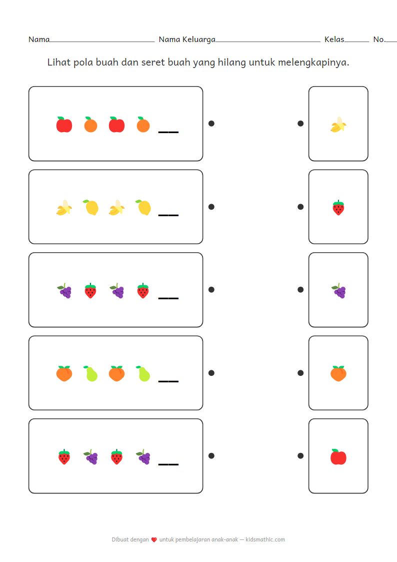 Lembar Kerja Mencocokkan Pola Buah AB Prasekolah untuk Keterampilan Observasi
