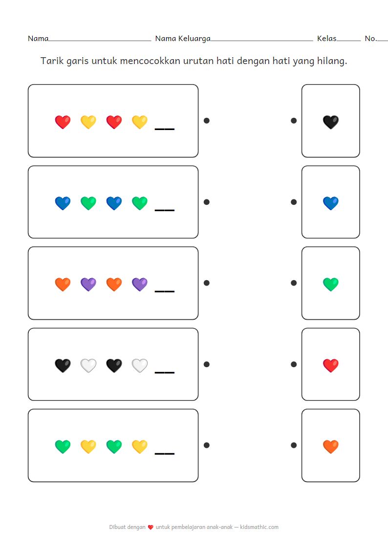 Lembar Kerja Mencocokkan Pola Hati AB untuk Anak Prasekolah
