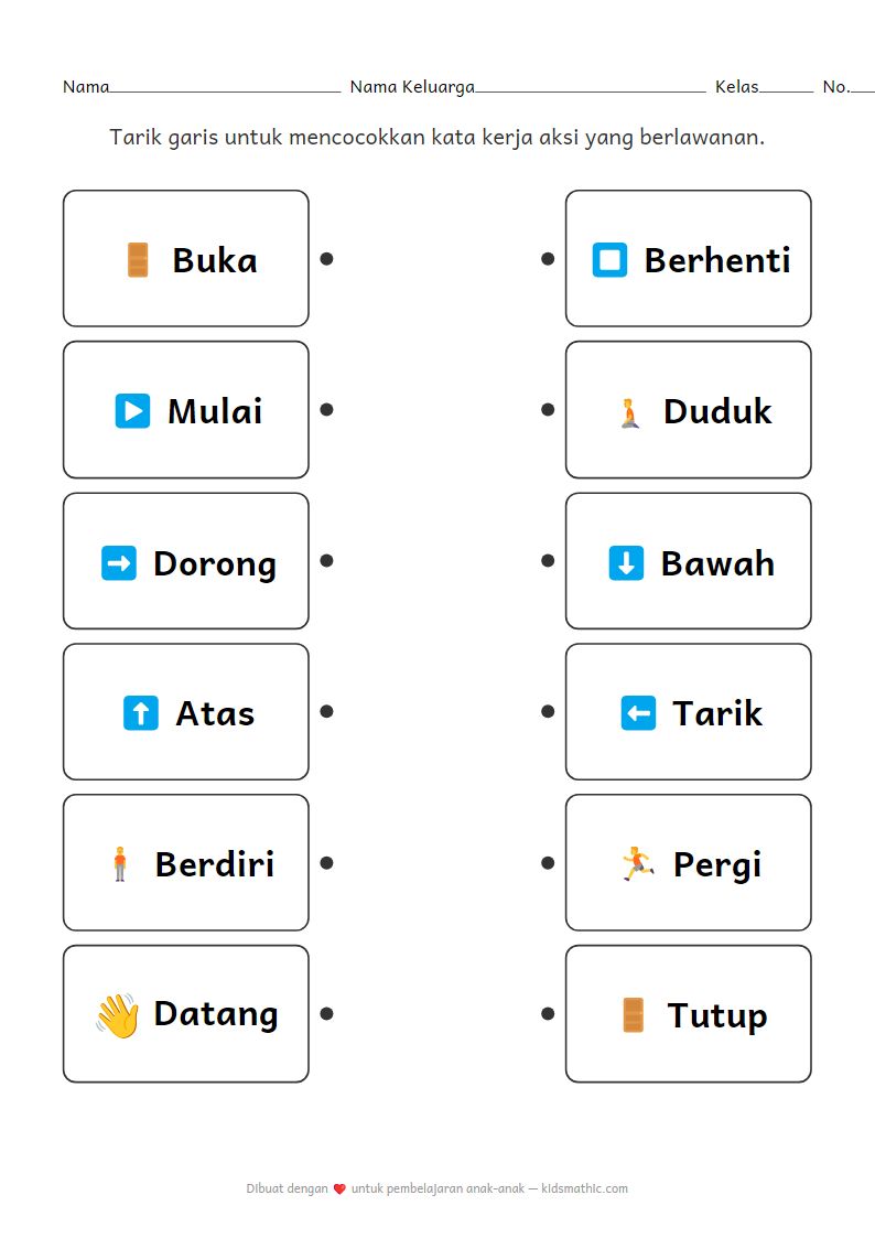 Lembar Kerja Mencocokkan Kata Kerja Berlawanan untuk TK