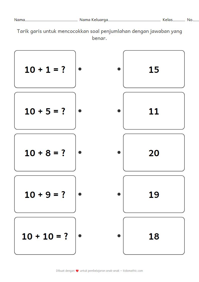 Lembar Kerja Matematika TK: Mencocokkan Soal Penjumlahan Angka 10