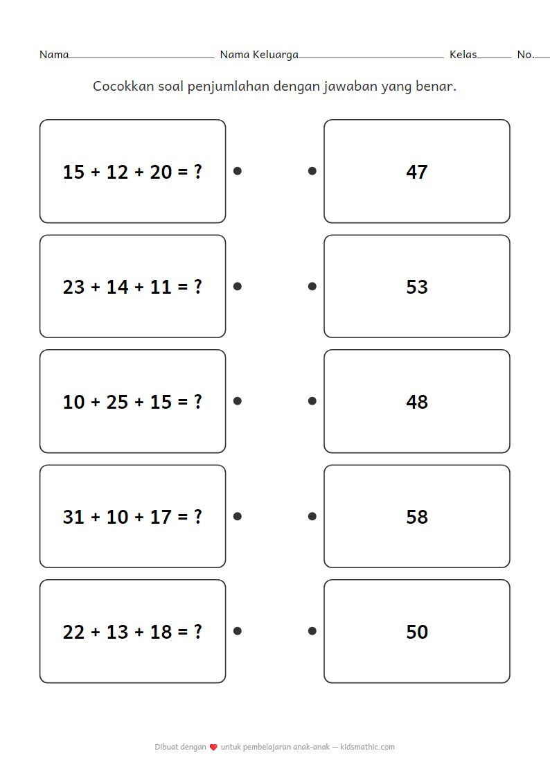 Lembar Kerja Penjumlahan: Mencocokkan 3 Angka Dua Digit dengan Jawaban untuk Kelas 2