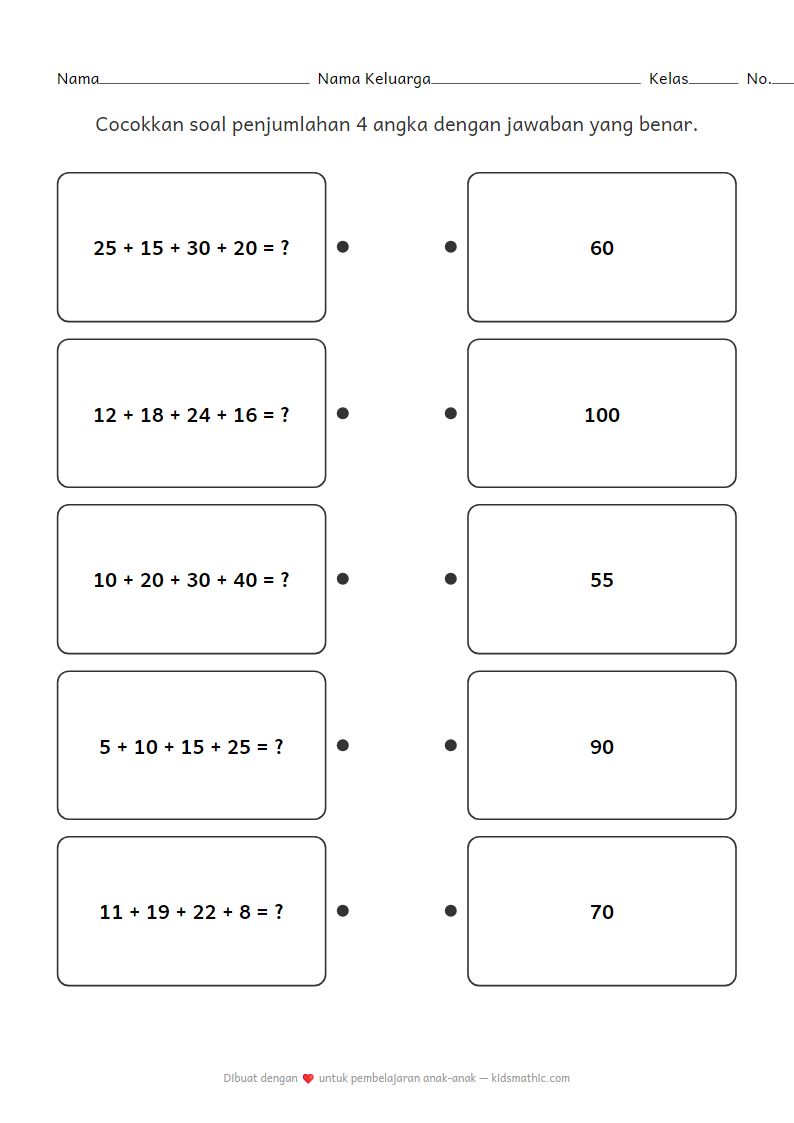 Lembar Kerja Mencocokkan: Soal Penjumlahan 4 Angka dengan Jawaban untuk Anak Prasekolah