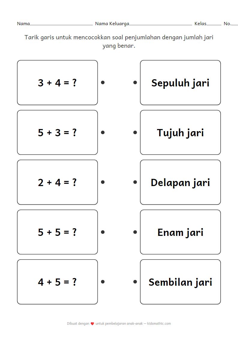 Lembar Kerja Mencocokkan Soal Penjumlahan dengan Hitungan Jari untuk Anak Prasekolah