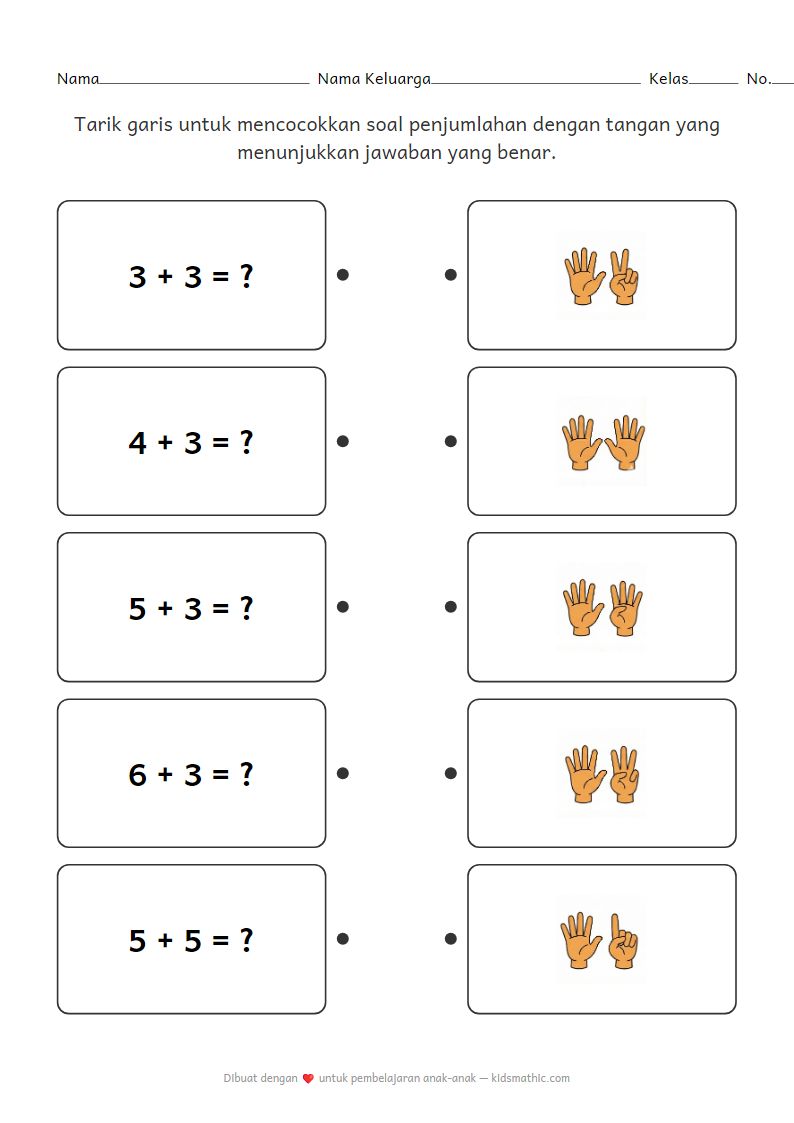 Lembar Kerja TK: Mencocokkan Soal Penjumlahan dengan Hitungan Jari Tangan