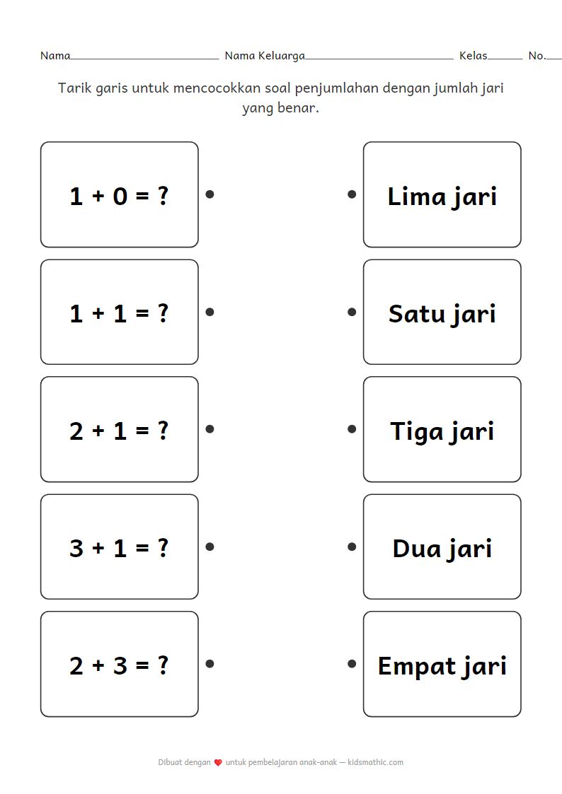 Lembar Kerja Mencocokkan Penjumlahan dengan Jari untuk Anak TK