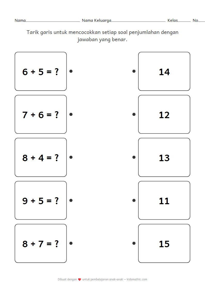 Lembar Kerja Penjumlahan: Mencocokkan Hasil 11-15 untuk TK