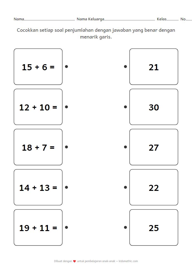 Lembar Kerja Mencocokkan Penjumlahan Kelas 1: Hasil 21-30