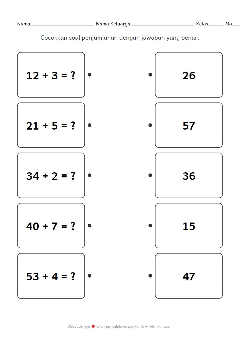 Lembar Kerja Mencocokkan Penjumlahan: 2 Angka dan 1 Angka untuk Kelas 1