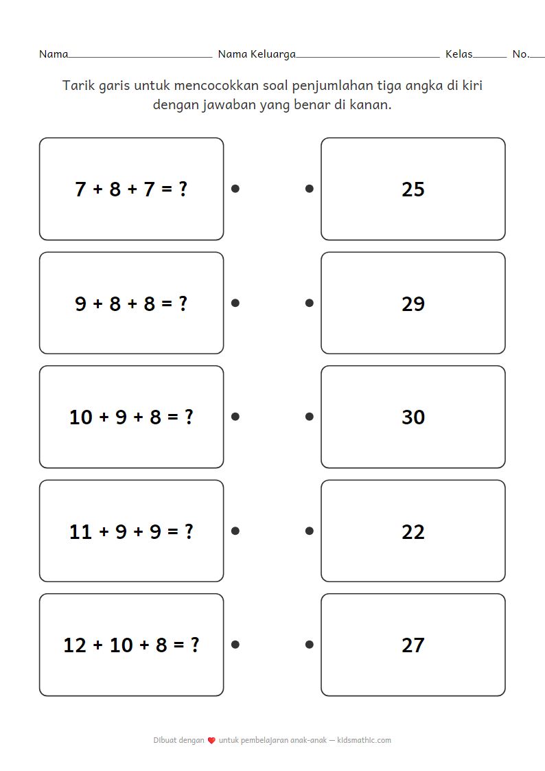 Lembar Kerja Mencocokkan Penjumlahan: Soal 3 Angka untuk Anak Kelas 1