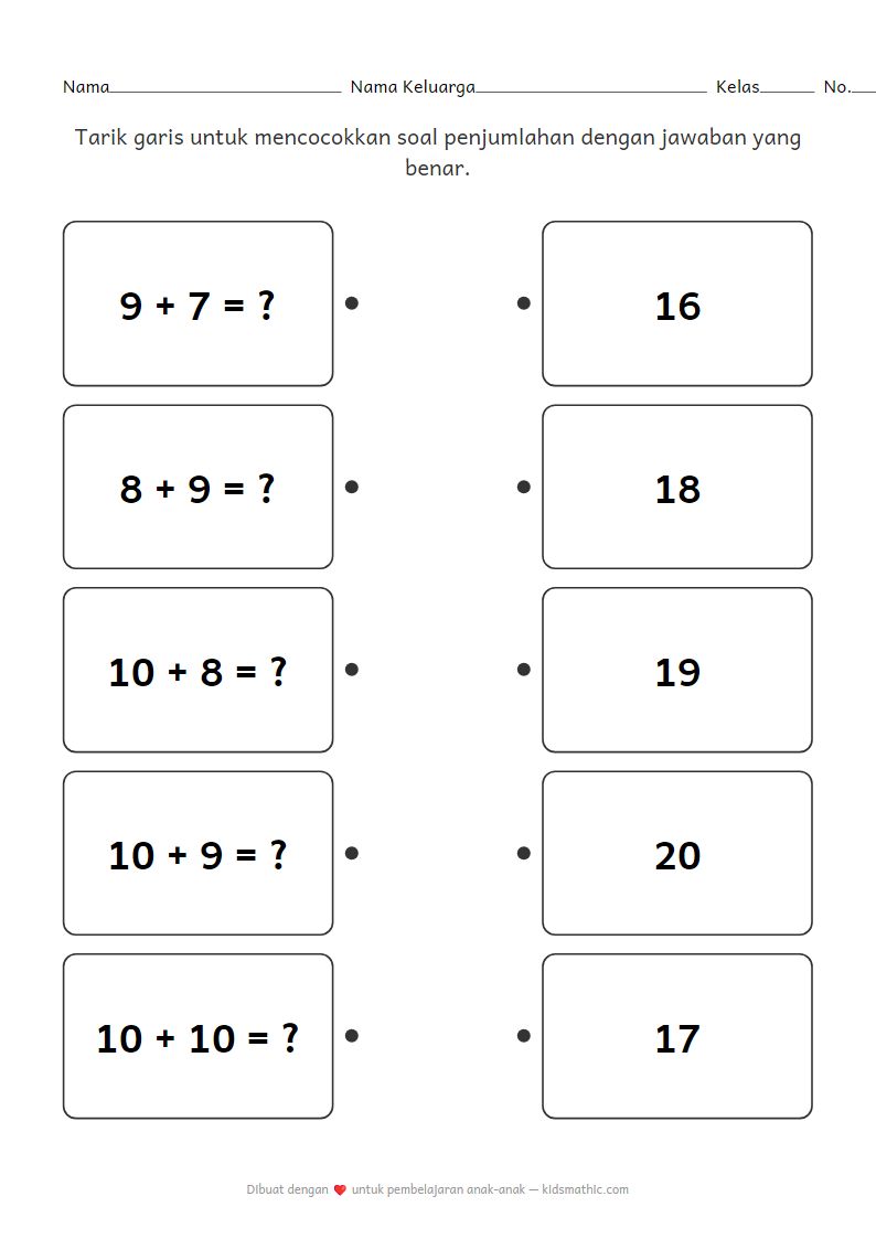 Lembar Kerja Mencocokkan Penjumlahan untuk TK 3 (Hasil 16-20)