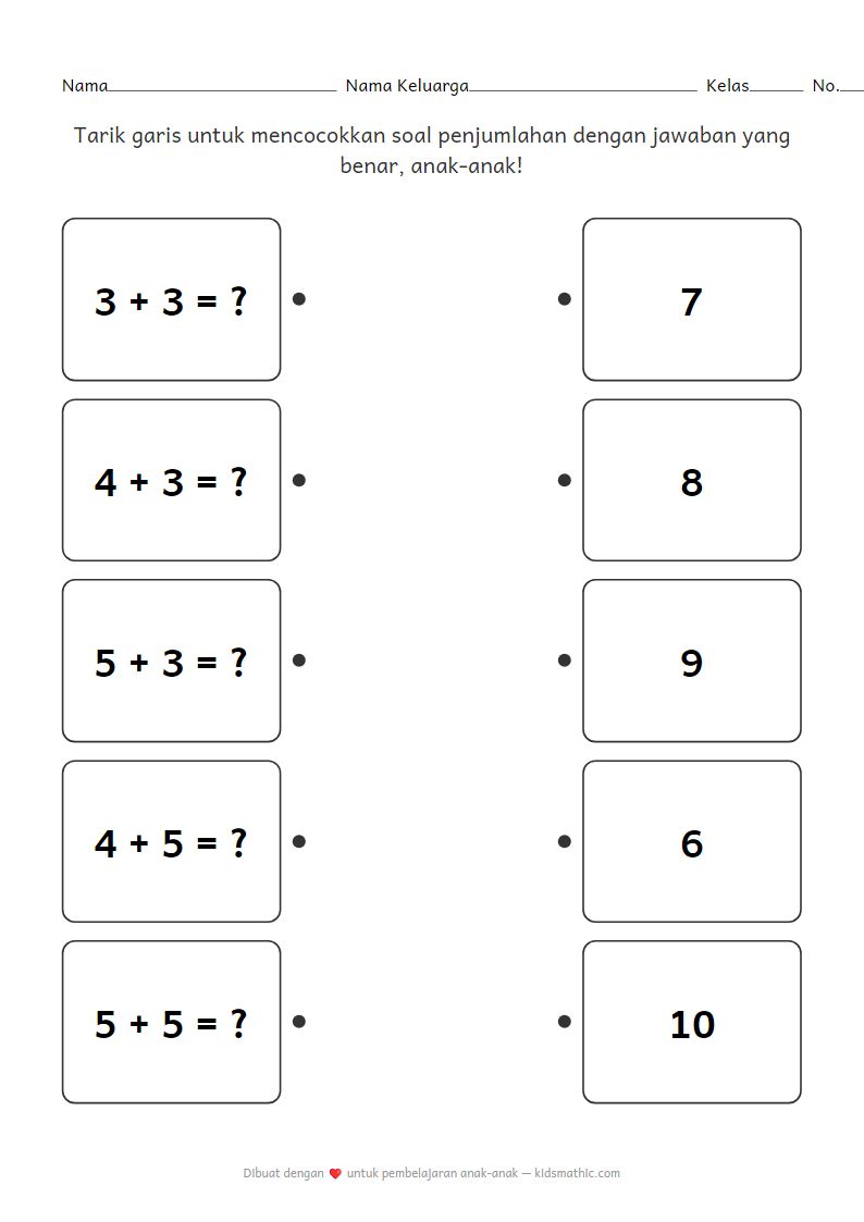 Lembar Kerja Mencocokkan Penjumlahan untuk TK: Hasil 6-10