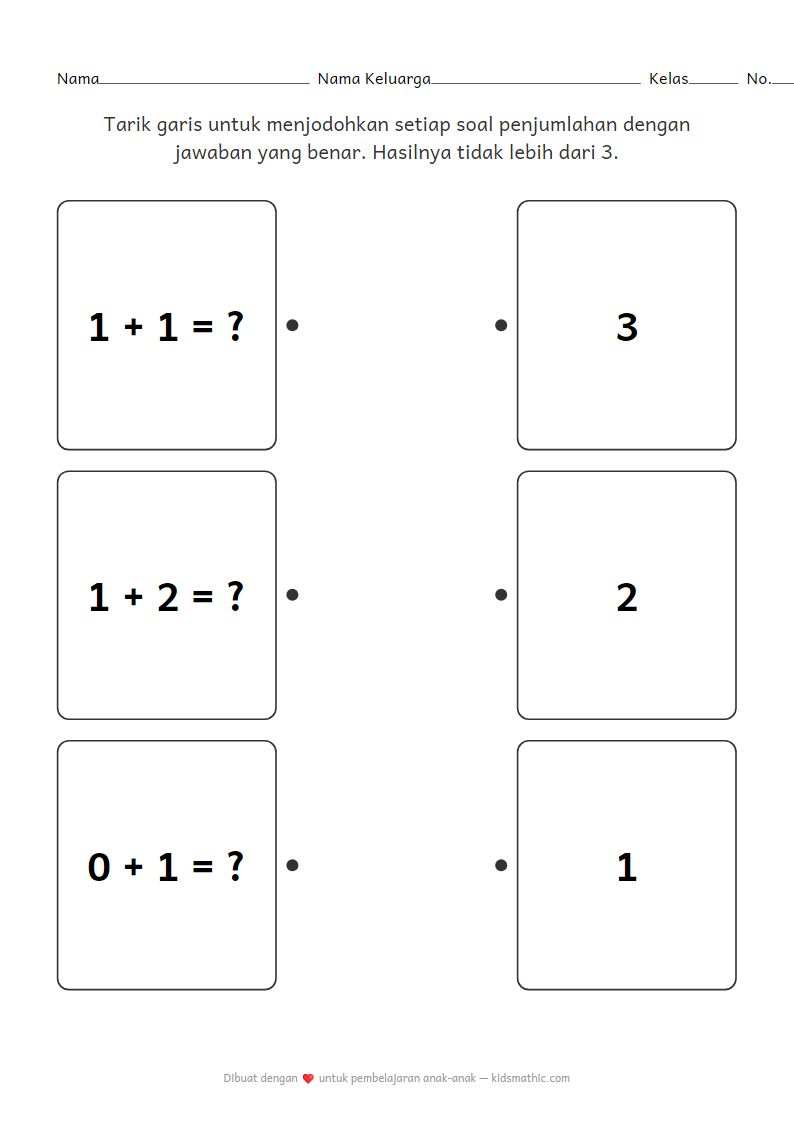 Lembar Kerja Penjumlahan Anak TK: Mencocokkan Soal dan Jawaban (hingga 3)