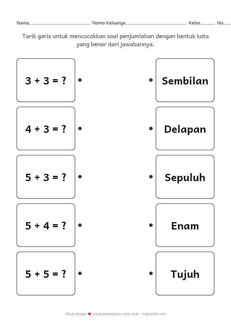 Lembar Kerja Mencocokkan Soal Penjumlahan dengan Kata untuk TK