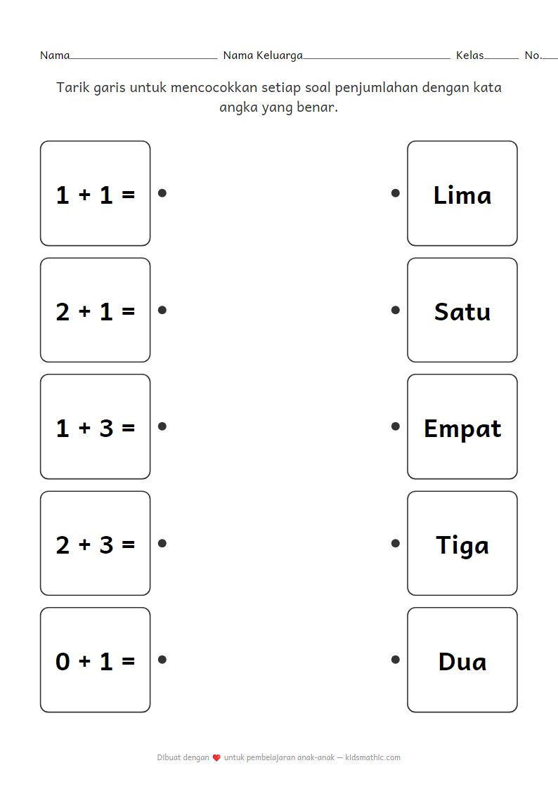 Lembar Kerja Mencocokkan Soal Penjumlahan dengan Kata Angka untuk Prasekolah