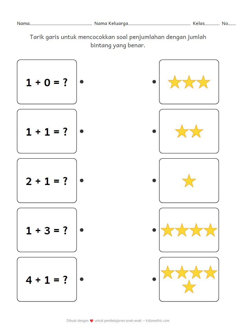 Lembar Kerja Mencocokkan Penjumlahan Bintang TK
