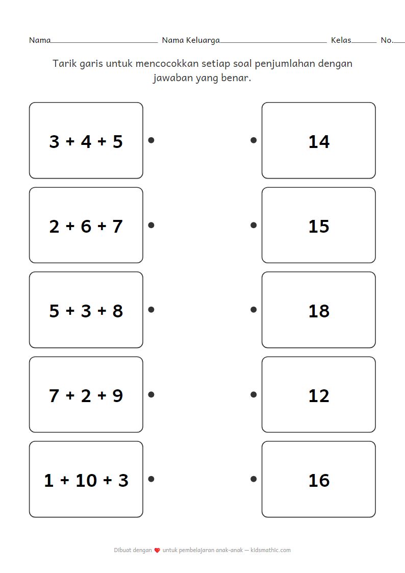 Lembar Kerja Mencocokkan: Penjumlahan Tiga Angka untuk Taman Kanak-kanak